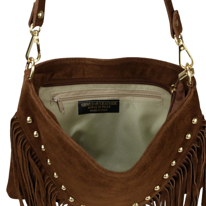 Rankinės 'Franja' vidus – užtrauktukas ir odos etiketė Genuine Leather, pagaminta Italijoje